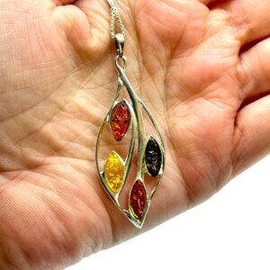 Sterling Silver 3 Tone Amber Leaf Pendant Necklace Signed JS 24in Statement